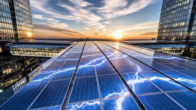 A rooftop covered with rows of sleek solar panels reflecting a vibrant blue sky with wispy clouds and a radiant sun, flanked by modern glass skyscrapers