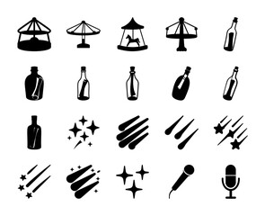 Fototapeta premium Diverse icons: carousel, bottles, shooting stars, and microphones.