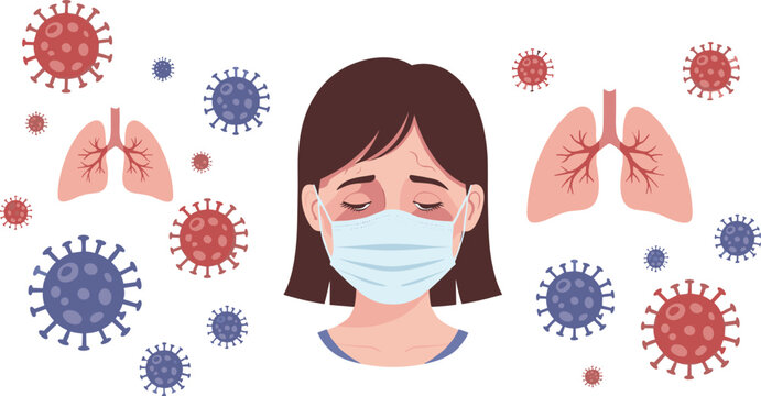 Woman Wearing Medical Face Mask Surrounded by Virus Particles and Lung Icons Vector Illustration for Respiratory Disease Awareness and Healthcare Education Designs