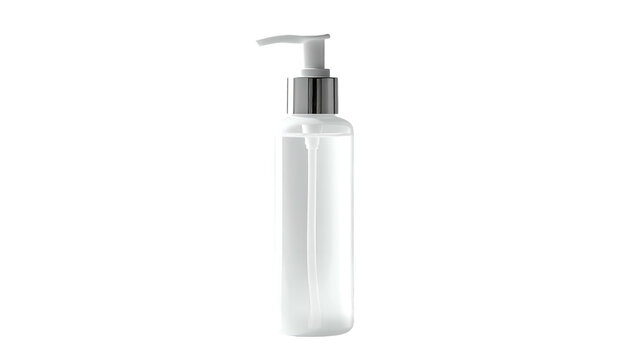 A tall, translucent bottle with a pump dispenser, isolated on a black background