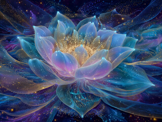 Lotus Flower with cosmic energy, Abstract glowing spiritual meditation Background, blue and gold luminous digital art, mystical fantasy illustration for mindfulness, zen, chakra, universe and wellness