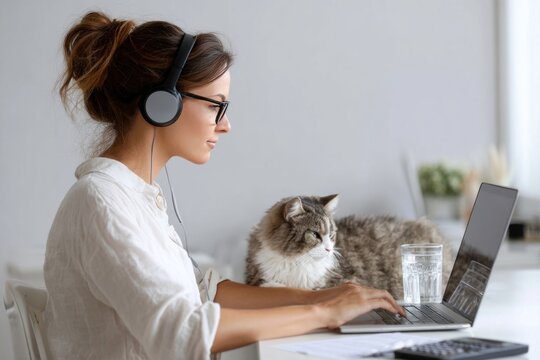 Woman working remotely with cat companion