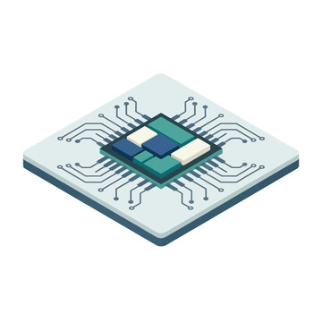 Embedded systems workshop, microcontroller chip board, traces and pins, training session slide, isometric electronics vector, engineering education design graphic