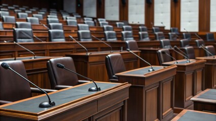 A modern legislative chamber with rows of elegant wooden chairs and microphones, designed for formal discussions and decision-making.