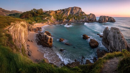 Rugged coastline with turquoise water and rocky coves at sunrise