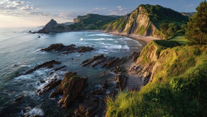 Obraz premium Rugged cliffs meet a tranquil bay at sunrise, bathed in soft light