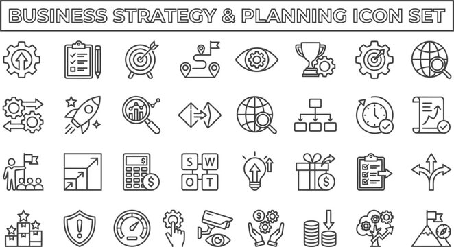 Business Strategy and Planning Line Icons &ndash; Goals Roadmap Decision Systems