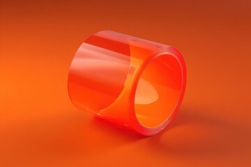 柔らかい影のあるテーブルの上にオレンジ色のプラスチックテープロールが置かれています。