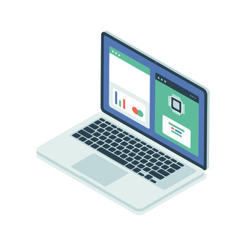 Isometric laptop with split screen dashboard vector for project management webinar, software training session, analytics course, teamwork collaboration event design