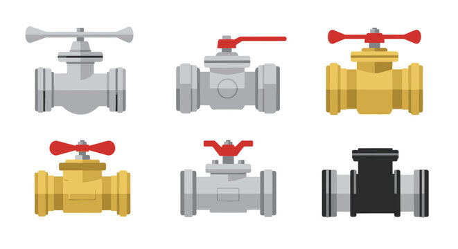 Set of industrial valves in various colors and configurations displayed