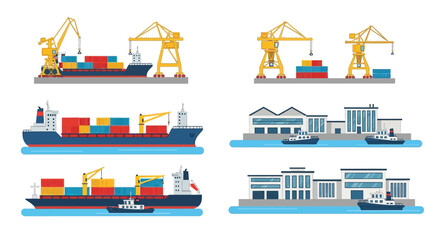 Colorful illustration of shipping containers cranes and harbor infrastructure © MD REZAUL KARIM