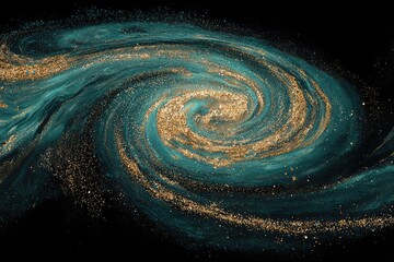 Abstract spiral galaxy, teal and gold