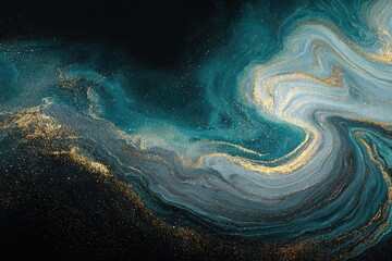 Abstract marbled design in teal, grey, and gold