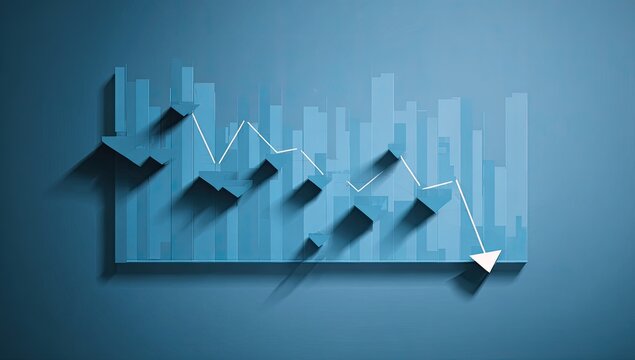 Falling line graph over stylized blue bar chart, indicating decline