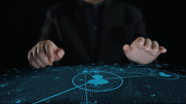 A business professional engages with a transparent digital screen showcasing a communication network, illustrating innovation and modern technology in a corporate setting. Cipher