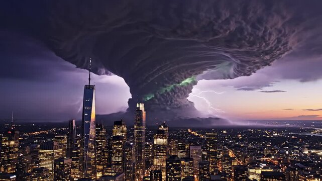 Sweeping aerial drone shot revealing a gargantuan supercell storm spinning above the towering metallic urban skyline at dark twilight power, global, tornado
