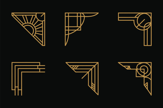 Golden art deco outline stroke, vintage corner frame line art, ornament element for luxury and classy design, perfect for premium invitations, logos, and elegant graphic projects.