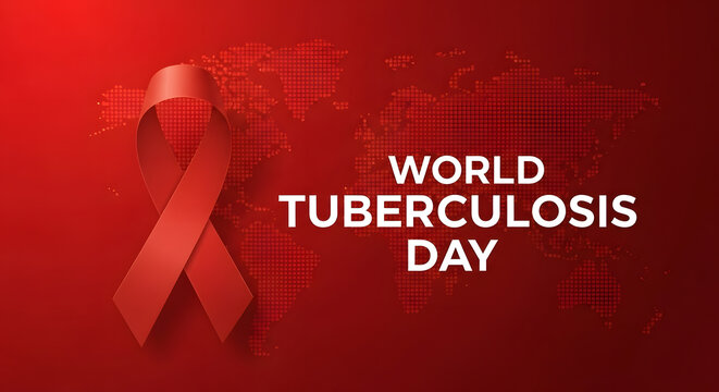 A bold red ribbon and world map commemorate World Tuberculosis Day.