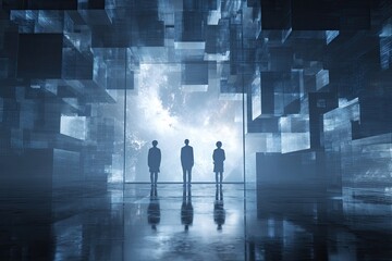 Silhouetted figures gaze into a vast cosmic vista within an abstract digital realm
