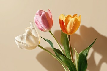 Three elegant tulips, pink, white, and yellow, cast soft shadows