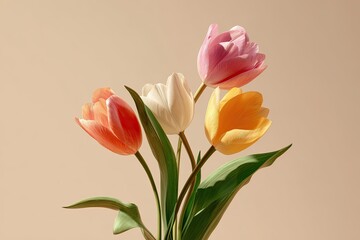 Delicate pastel tulips with soft lighting against a neutral background