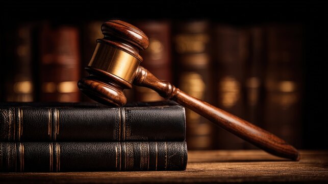 A gavel rests atop stacked law books, symbolizing justice and the legal profession, with a blurred background of more books.
