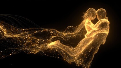 Glowing energy particles form two embracing figures against a black background