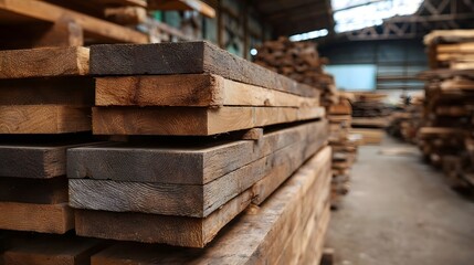 Stacks of rough wooden planks neatly stored in an industrial warehouse showcasing natural wood grain and texture