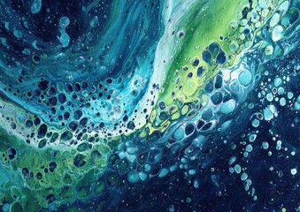 Abstract acrylic painting with swirling teal, turquoise, and lime green colors and bubbles