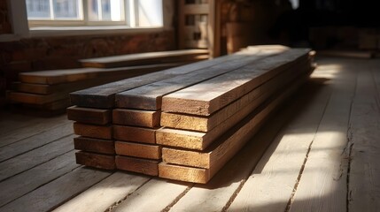 A stack of weathered wooden planks rests on a rustic wooden floor bathed in warm sunlight