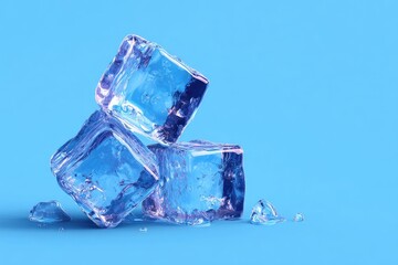 Three ice cubes on a vibrant blue background