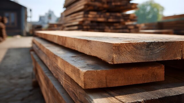 Neatly stacked raw lumber planks outdoors on a sunny day showcasing their natural wood grain and texture