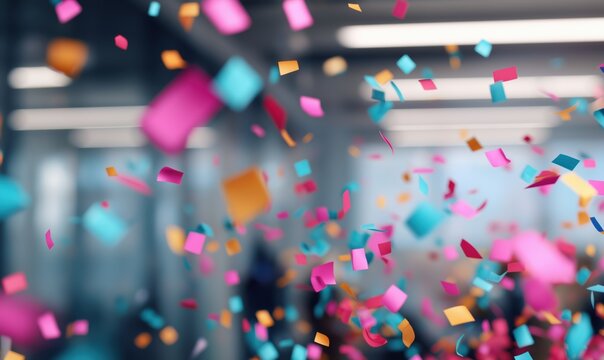 Colorful confetti falling in an office space for celebrations parties and special events creating a festive and joyful atmosphere with a blurred background