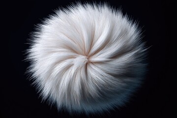 Close-up of a fluffy white spherical object with swirling fibers against a dark background