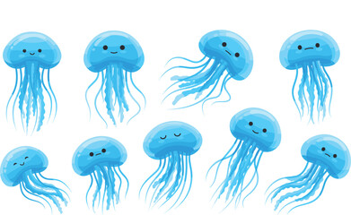 Cute Jellyfish Cartoon Vector Illustration Set with Smiling Faces and Flowing Tentacles for Ocean Wildlife Designs, Kids Graphics, Stickers, and Marine Art Projects © MstSuborna