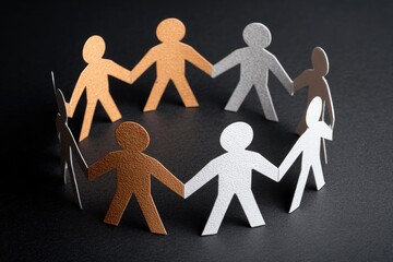 Diverse figures in a circle, holding hands, on a dark background