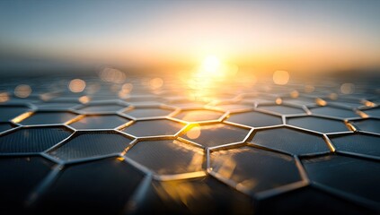 Close-up of hexagonal shapes with metal edging, illuminated by a setting sun
