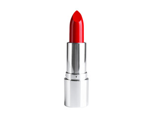Fototapeta premium A vibrant red lipstick with a metallic silver case, polished and sharp