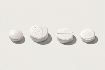 Four white round pills, varying in size and some with a dividing line