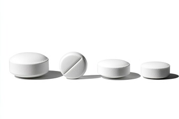 Four white round pills in various perspectives on a stark white background