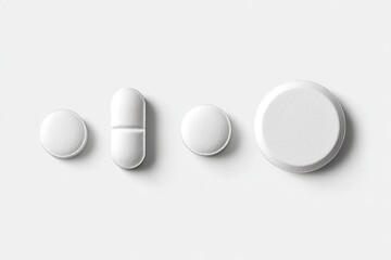 Four white pills of varying sizes and shapes on a white surface