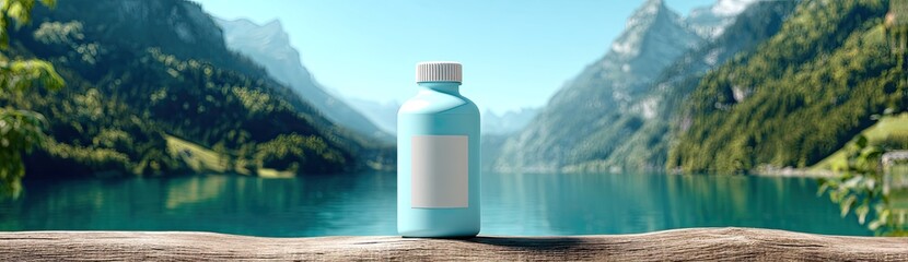 A light blue product bottle with a blank label sits on wood, with a lake and mountains behind