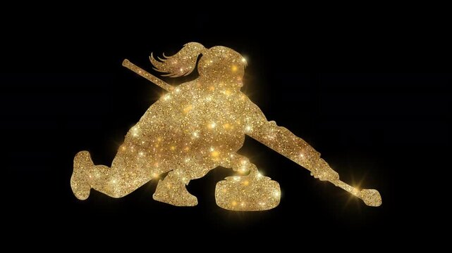 Luxury female curling player delivering the stone with golden glitter, alpha channel