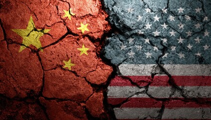 Symbolic depiction of a fractured partnership between China and the US on a cracked earth surface