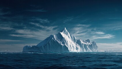 Majestic icy mountain peak emerges from dark, rippling ocean under dramatic sky