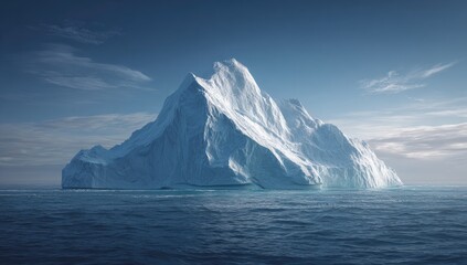 Majestic icy mountain rises from tranquil, deep blue ocean under sky