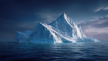 Majestic icy peak rises from dark ocean under dramatic sky