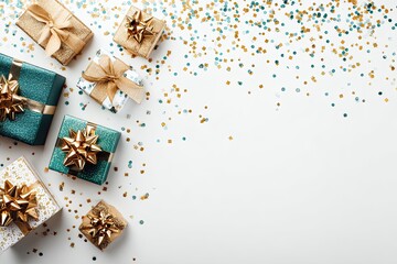 Presents with golden bows on a white surface next to scattered teal and gold confetti