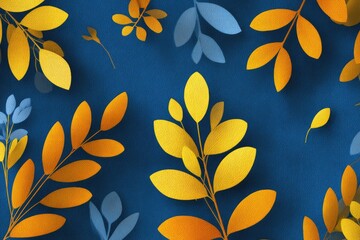 A stylized illustration showcasing gold and blue autumnal leaves against a deep blue textured backdrop