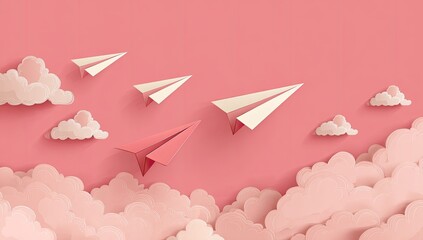 Pink paper airplanes soaring above fluffy clouds in a monochromatic illustration